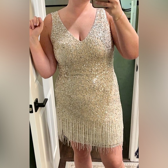 Mac Duggal Dresses & Skirts - Mac Duggal Beaded Fringe Sequined Mini Dress - Nude/Silver - Size 12